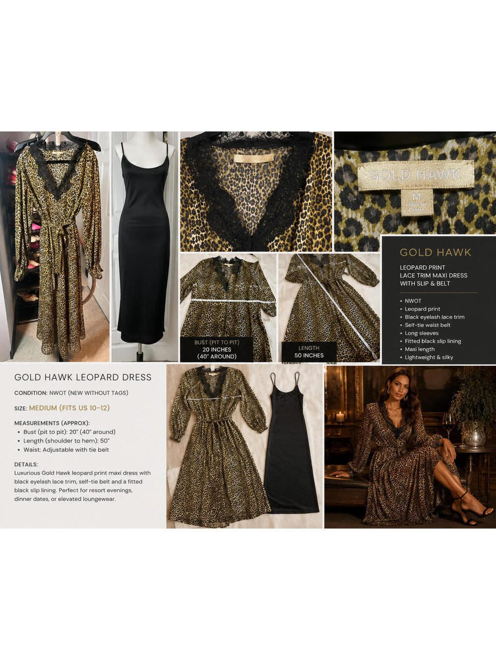 Gold Hawk Leopard Print Silk Blend Lace Trim Maxi Dress with Slip & Belt